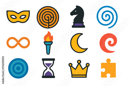 Symbolic fiction flat icons: mask, labyrinth, chess piece, spiral, infinity loop, torch flame, moon, abstract swirl, hourglass, crown, ripple circle, puzzle piece.