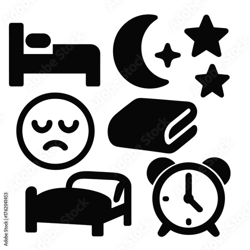 Bedtime comfort silhouette set: bed, moon, stars, sleeping face, blanket, alarm clock.