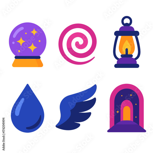 Mystical dreaming flat icons: crystal ball, spiral, lantern, droplet, wing, portal.