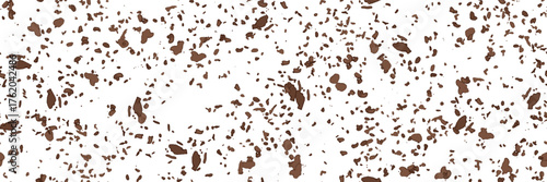 Chocolate crumbs top view bg as a seamless pattern. Brown cookie pieces or crunches on the table surface. Scattered broken crushed coffee beans isolated on white. Vector illustration.