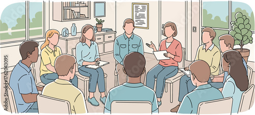 Diverse Group Engaged in Collaborative Discussion and Support during a Group Therapy Session or Meeting