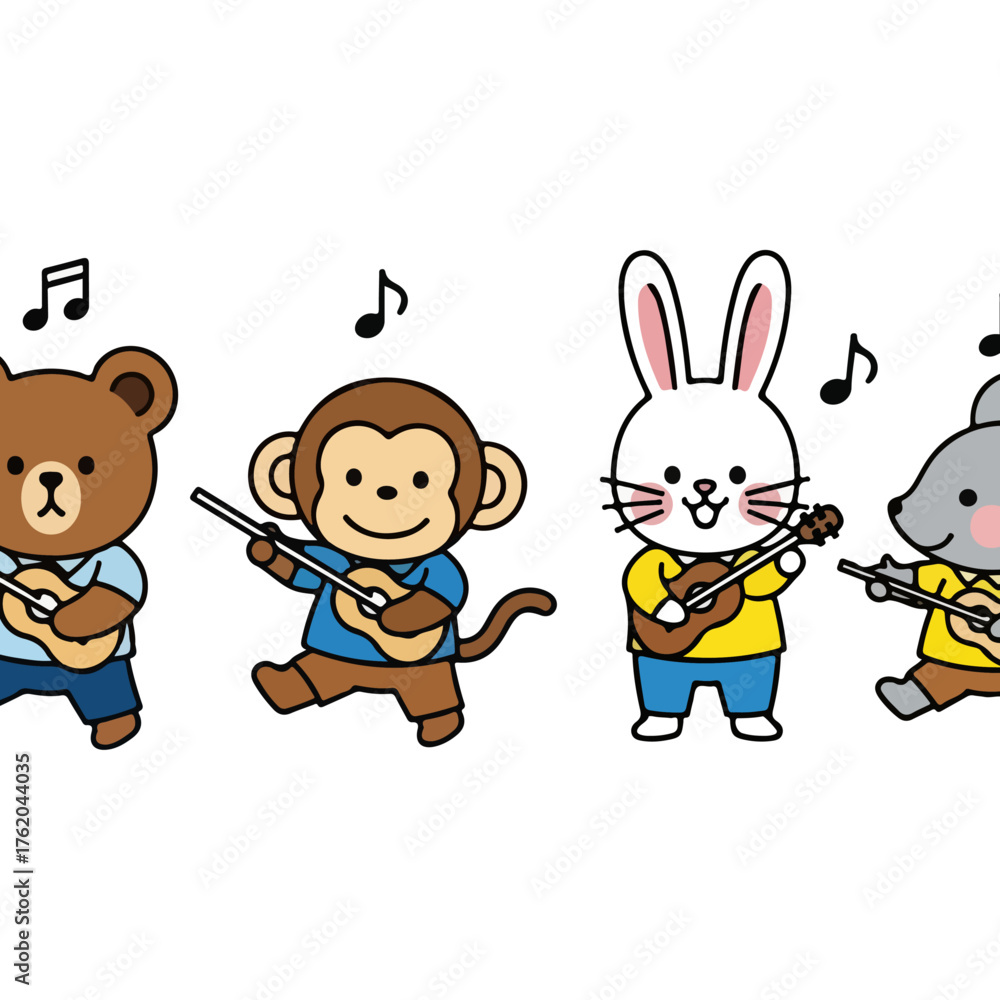 Fototapeta premium Cartoon animals playing music together with guitars and enjoying themselves.