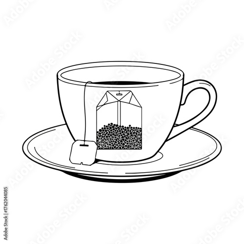 Elegant teacup on saucer with tea bag inside, ready to drink.