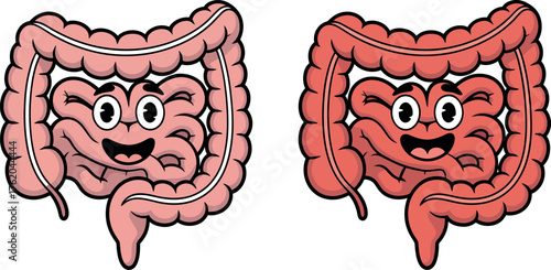 Two cartoon intestines, one pink and healthy, the other red and inflamed, representing digestive health comparison.