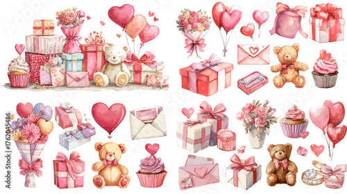 Watercolor Valentine’s set with hearts, teddy bears, cupcakes, and wrapped gifts. Ideal for love cards, romantic posters, or February holiday illustrations.