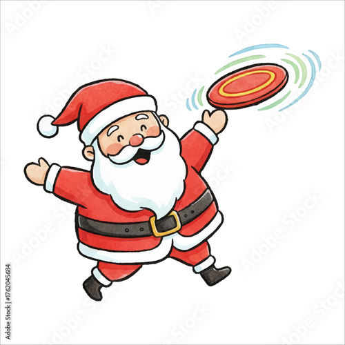 Santa Claus Playing Frisbee Watercolor Vector Illustration
