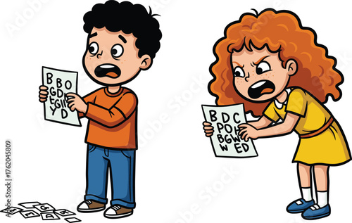 Children, eye test, vision chart, healthcare illustration, confused expression, pediatric checkup, cartoon style, eyesight screening, frustration, playful medical scene