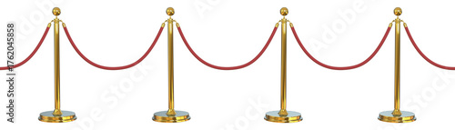 Side view Gold stanchions tied with red velvet ropes and red carpets isolated. Golden stanchion and red velvet rope barrier for a VIP event isolated	