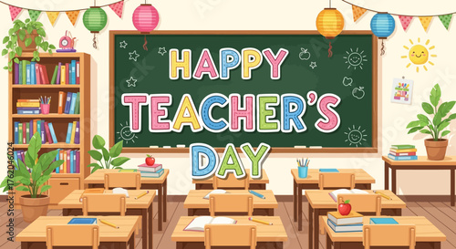 A vibrant and colorful illustration of an empty school classroom decorated with festive banners and a celebratory message on the chalkboard for an educational holiday