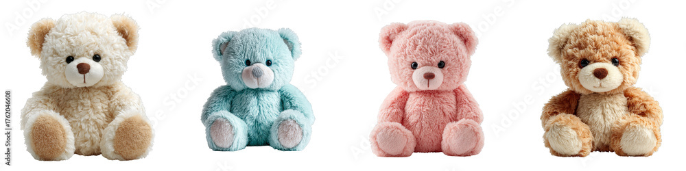 Obraz premium Four adorable plush teddy bears in pastel colors on transparent background