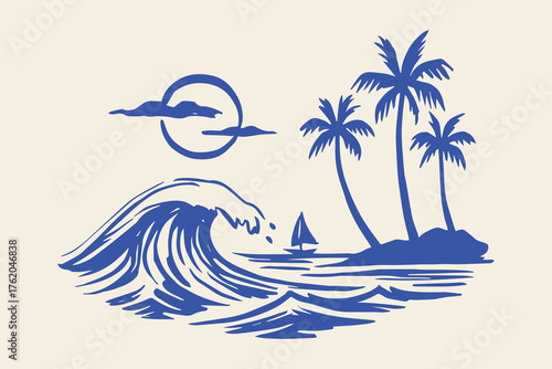 Tropical island with wave and palms hand drawn sketch vector illustration