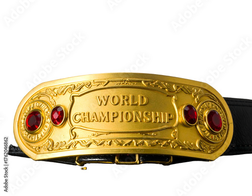 A gold championship belt with red jewels, black strap, and the words 