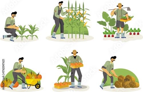 Farming work icon characters vector bundle set.