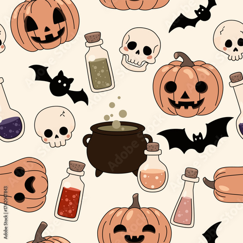 Wzór bezszwowy Halloween - dynie, czaszki, nietoperze i mikstury - ilustracja wektorowa