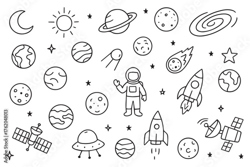 Hand-drawn space. Rockets, space planets in a doodle style.