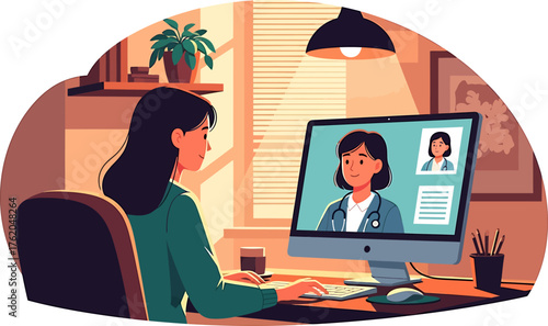 Woman having an online video consultation with a female doctor from her home office