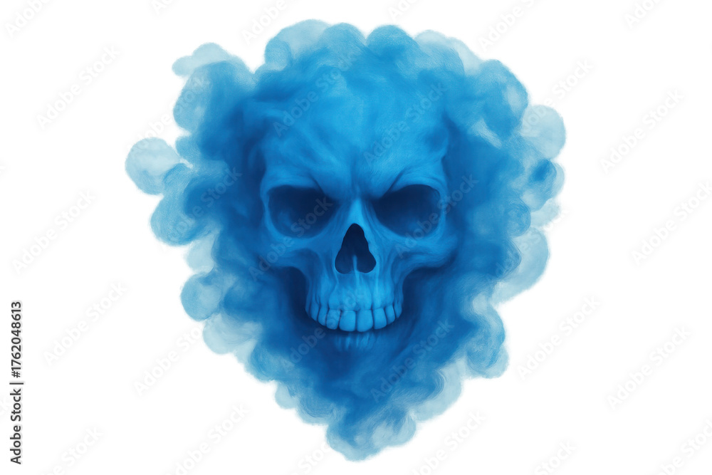 Fototapeta premium Blue smoky skull emerging from ethereal mist, symbolizing death, fear, and danger. Transparent background