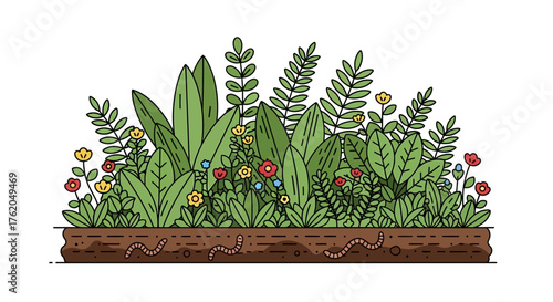 Cartoon Garden Bed with Flowers, Green Leaves, and Worms in Soil