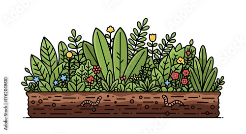 Cartoon Garden Bed with Flowers, Plants, and Worms in Soil
