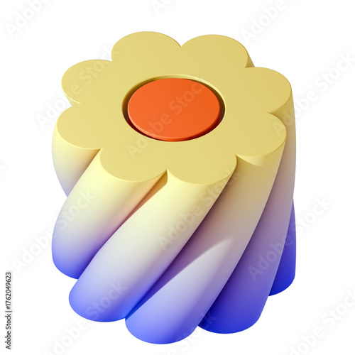 A mesmerizing 3D render of a twisted cylinder with a flower cross-section. The vibrant gradient flows from yellow to purple, creating a stunning abstract sculpture.