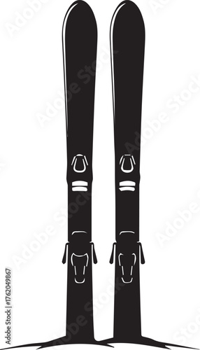 Black silhouette of a pair of skis with bindings on a white background winter snow