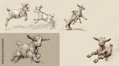 Charming vintage-style sketch of playful baby goats jumping and resting, drawn in pencil and sepia tones perfect for farm art, rustic decor, and animal illustration projects.