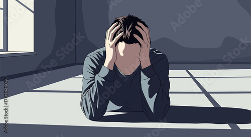 Man overwhelmed and stressed, holding head in hands in dimly lit room, despair and anxiety