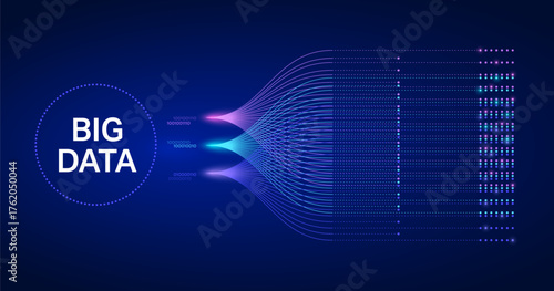 Big Data Flow Concept with Futuristic Line and Binary Code representing AI, Analytics, and Digital Technology. Perfect for Data Center, Network, Artificial Intelligence, and Innovation Backgrounds.