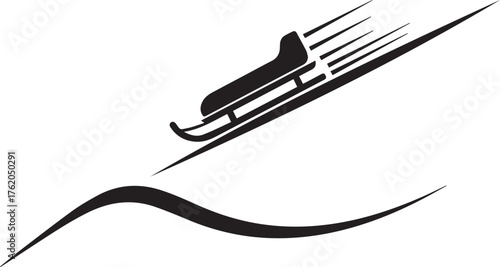 Black silhouette of a sled speeding down a snowy slope with motion lines and a curved wave below sleigh