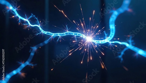 Glowing Neon Blue Electrical Wires Spark and Crackle Against Dark Metal, Vibrant Energy for Tech, Sci-Fi, and Power Themes