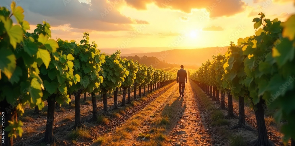 Naklejka premium Lone Figure Departing Sun-Drenched Vineyard A Journeys End or New Beginning A picturesque winding road leads through rows of ripening grapes in a golden, sunlit landscape.