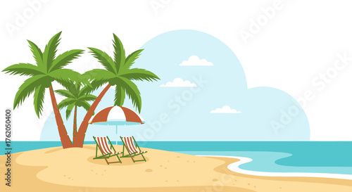 Tropical beach illustration with palms chairs and umbrella summer getaway