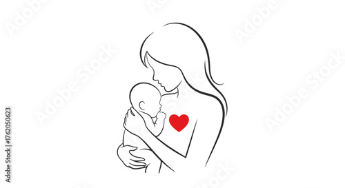 Loving Mother Embrace with Infant and Heart Symbol Minimalist Line Art