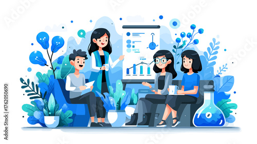 Illustration Vector SVG of Business Meeting with Data Charts in Modern Flat Design Style Featuring Blue and Green Colors