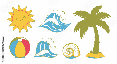 Cute Summer Icons with Sun Wave Beach Ball Shell and Palm Tree
