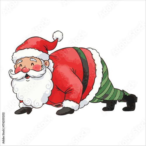 Santa Claus Doing Push-Ups Watercolor Vector Illustration
