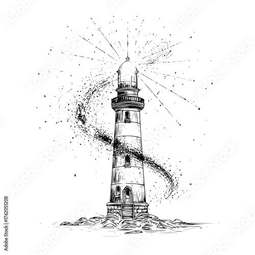 Lighthouse illustration vector drawing black and white beacon nautical coast sea ocean maritime safety guide light