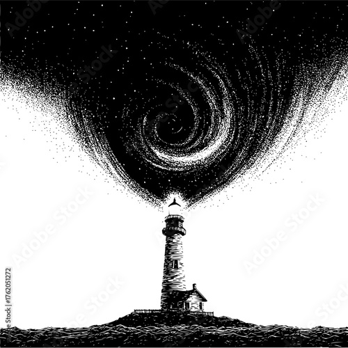 Lighthouse illustration with swirling galaxy black and white art print for home decor and wall art ideas