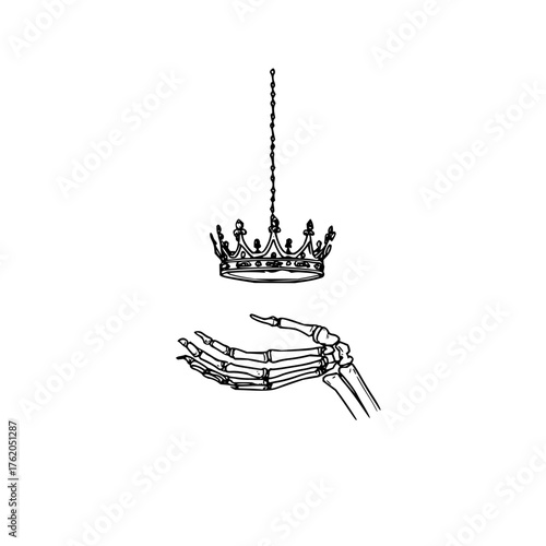Skeleton hand reaching for crown drawing king queen royalty gothic art illustration vector design 100