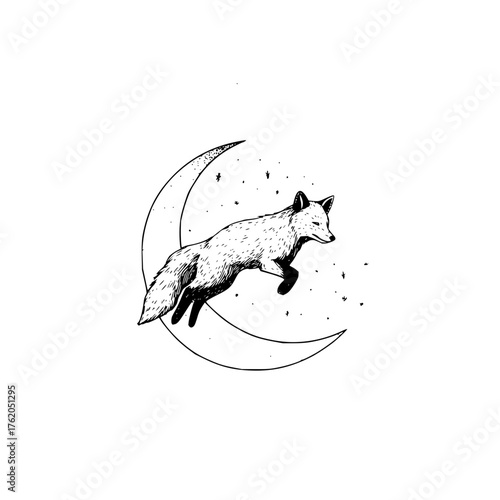 Fox leaping moon drawing illustration vector moon art print fox silhouette celestial art nursery decor black and white art