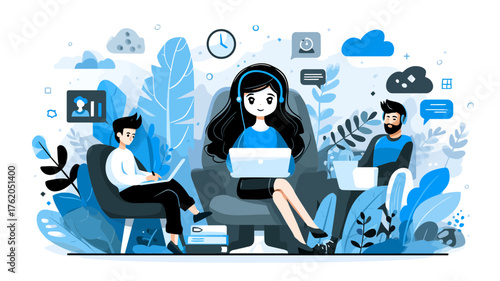 Modern Vector SVG Illustration of People Working with Digital Devices in Flat Design Style with Blue Color Palette