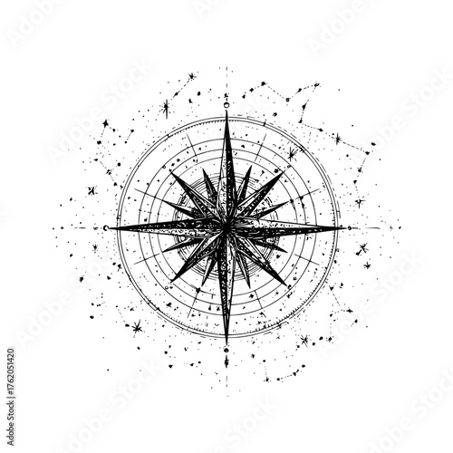 Vintage nautical compass rose with constellations vector illustration for travel and adventure design 100