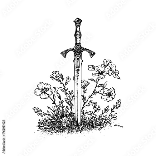 Elegant sword and flowers tattoo design illustration art print fantasy weapon floral drawing sketch artwork 100