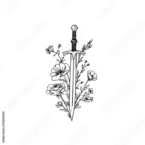 Sword and flowers tattoo design vector illustration floral sword art print medieval weapon fantasy artwork
