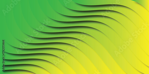 Abstract Green Yellow Gradient Wavy Stripes with Subtle Shadows Creating Depth and Dynamic Flow for Modern Background Design