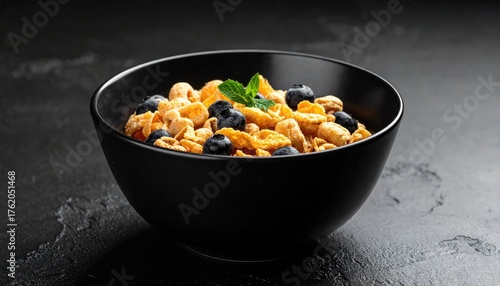 Bowl of cereal on a black background