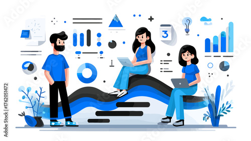 Vector SVG Illustration of Business People with Data Charts and Graphs in Modern Flat Style with Blue Colors for Web and Digital Media