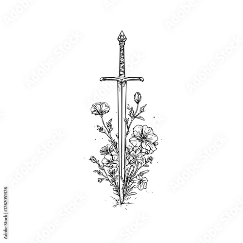 Sword and flowers tattoo design, minimalist floral sword illustration, warrior spirit and nature art print