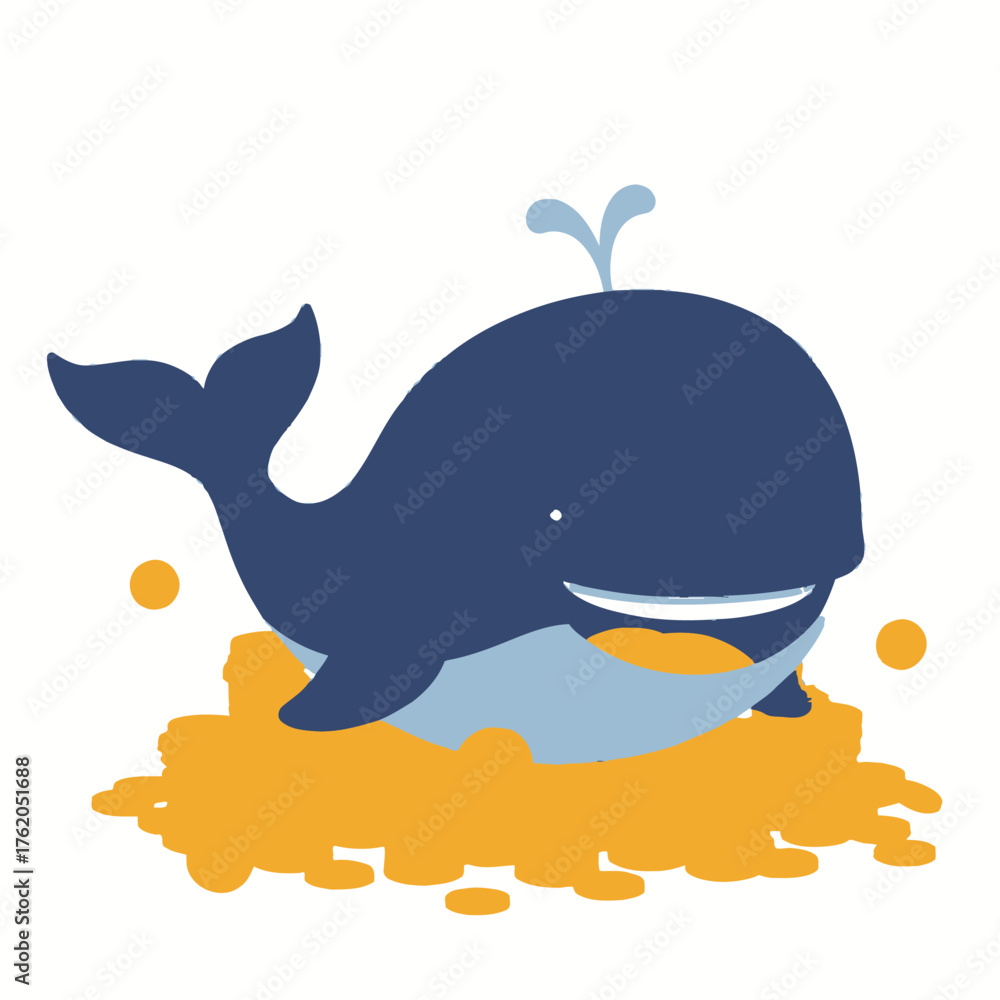 Obraz premium A cute cartoon whale is happily splashing in a pile of yellow sand with small orange bubbles around it.