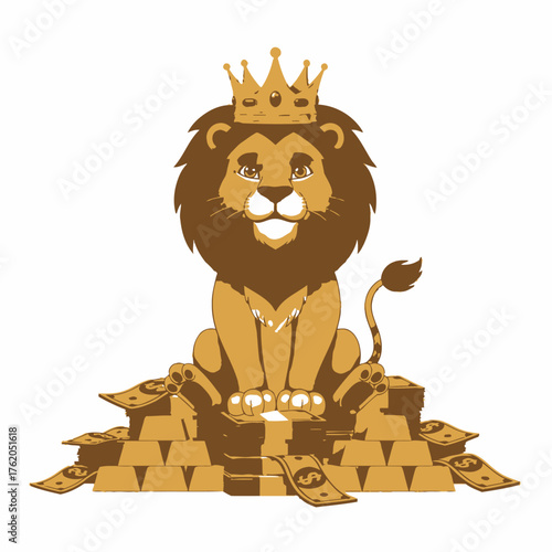 A majestic lion wearing a golden crown sits regally atop a large pile of gold bars and US dollar bills.